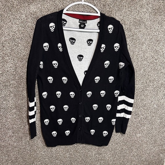 Wet Seal Sweaters - Wet Seal Sweater Womens LargeSkull Knit Cardigan Long Sleeve Gothic Punk